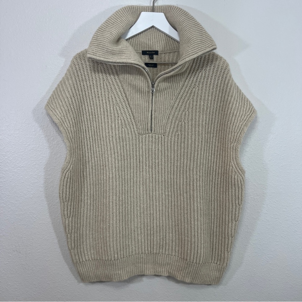 Massimo Dutti Chunky Knit Funnel Neck Zip Sweater Poncho Italian Yarn Beige